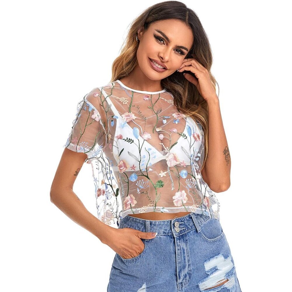 Women Mesh Crop Top Floral Embroidered See Through Short Sleeve Party Blouse